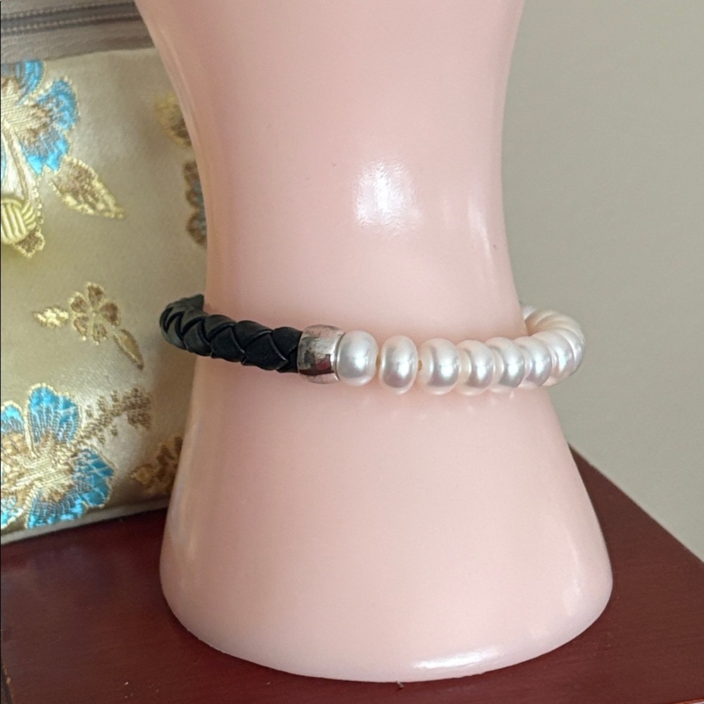 Honora Sterling 8.5mm Pearl Genuine Black Leather Braided Bracelet Stretch - Picture 3 of 9